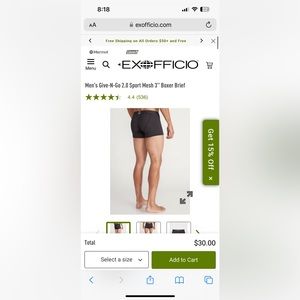 Men's ExOfficio Give n Go sport mesh 3" boxer briefs medium